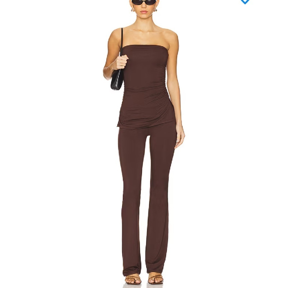superdown Brown Strapless Ruched Jumpsuit